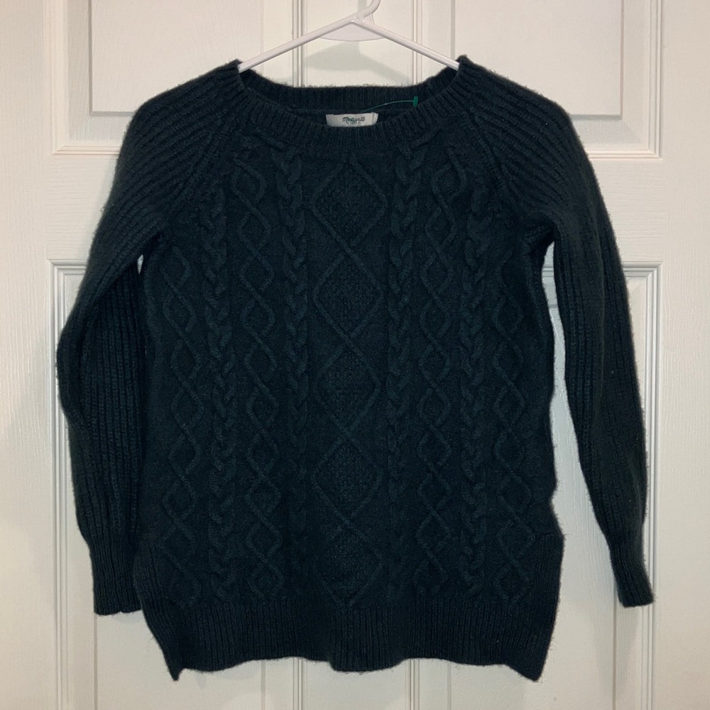 Madewell Merino Wool Cable Knit Raglan Sweater XS Dark Green Fall Winter Apparel